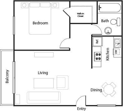 Floor plan for 1 bed, 1 bath, 640 sqft